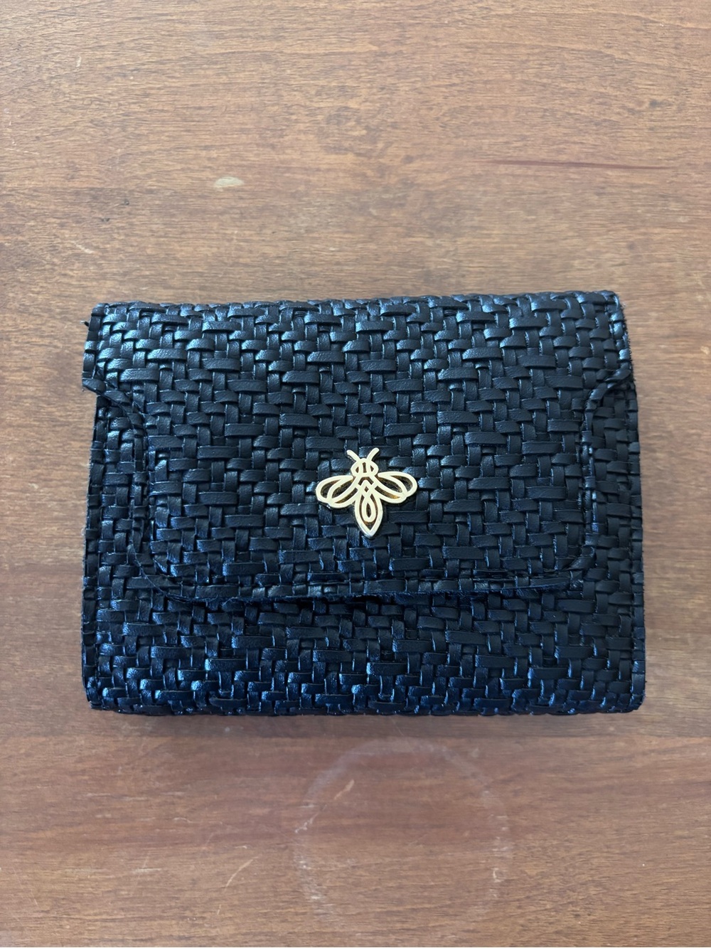 Black Woven Compact Wallet with Gold Bee Accent